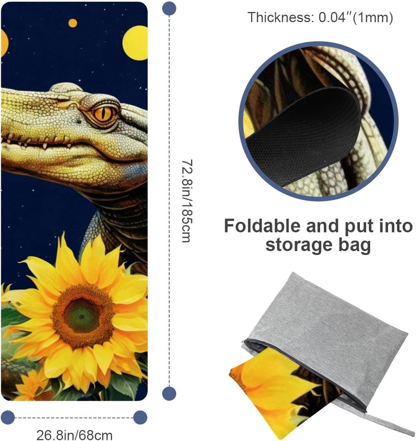 Yoga Towel, Crocodile Star Sunflower Non Slip Sweat Absorbent Hot Yoga Mat Towel for Hot Yoga, Pilates and Fitness - 72.8" x 26.8"