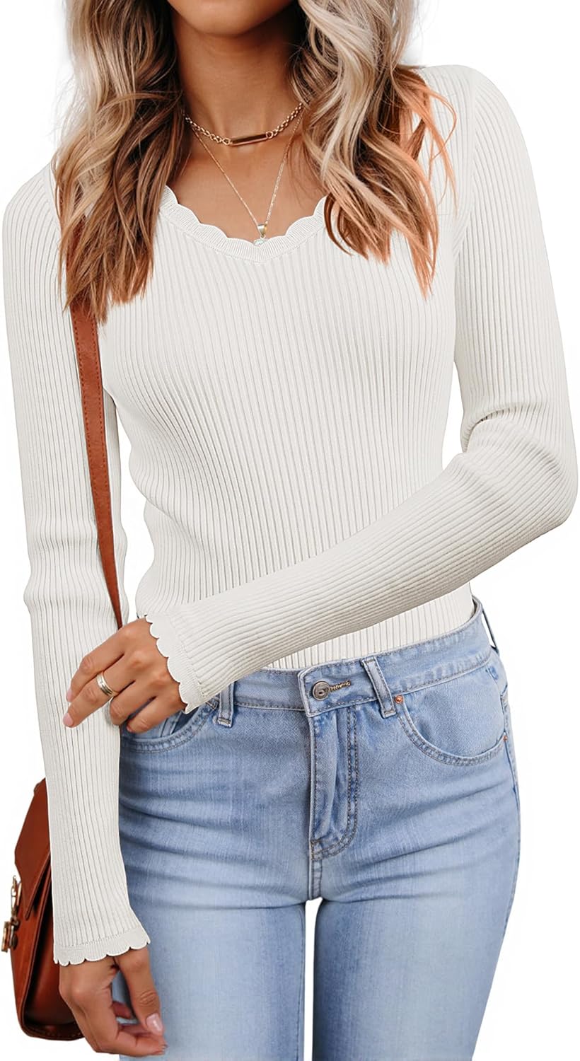 Women’s V Neck Scalloped Sweaters Long Sleeve Ligheweight Shirts 2025 Fall Fashion Knitted Tops