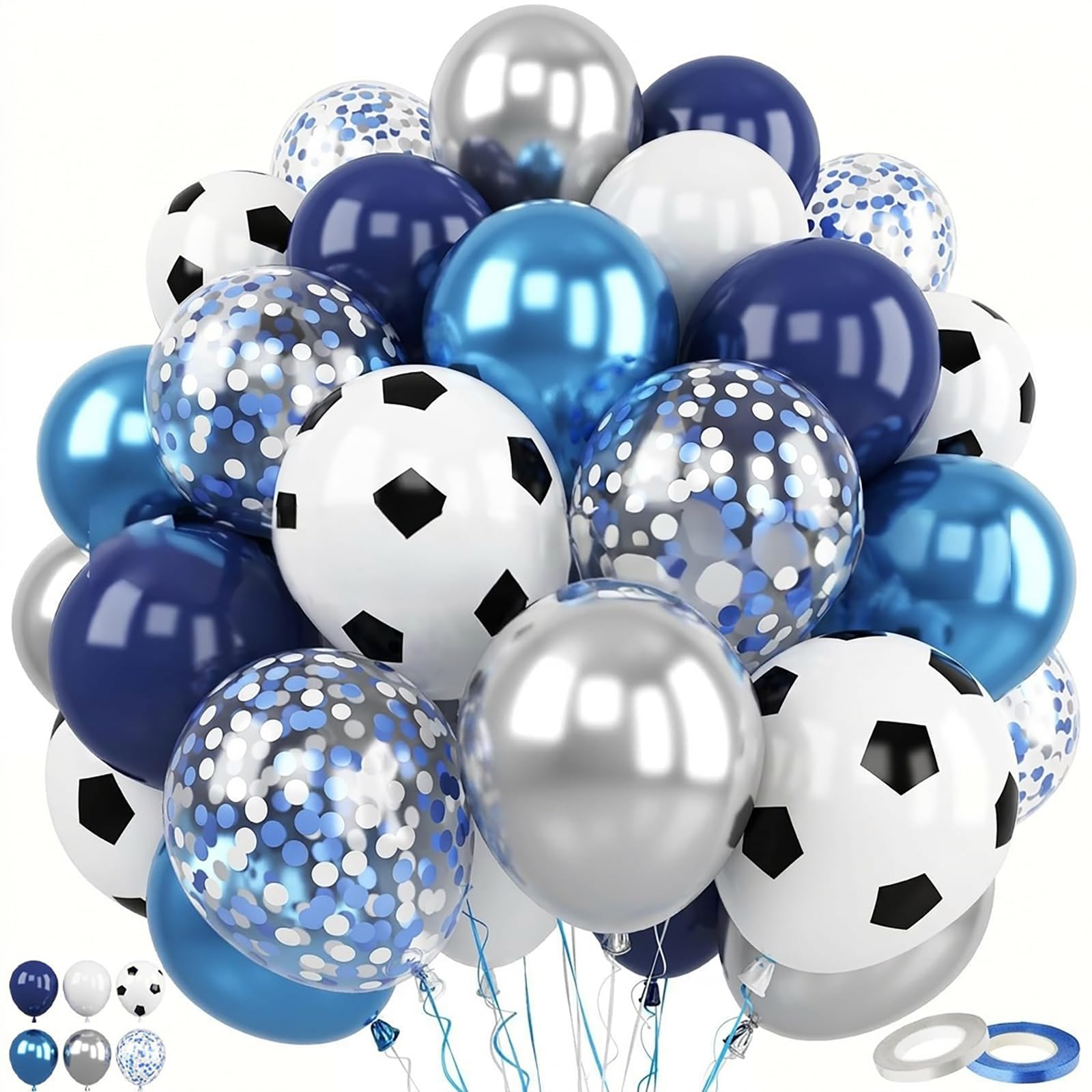 Blue Silver Soccer Balloons 100 Pieces, 30cm (Blue & Silver & Soccer)