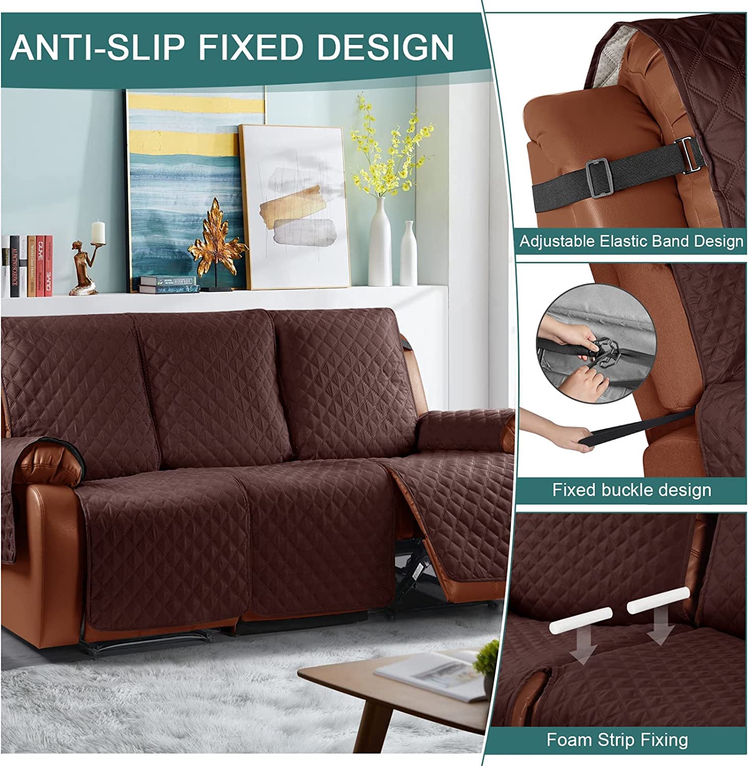 Funda de Sofá Reclinable Funda de Sillón Relax con correa elástica Fundas de Butacas Relax Antideslizantes Fundas de Muebles lavable para el hogar con mascotas y niños (Café,3 Plazas/Sofá)