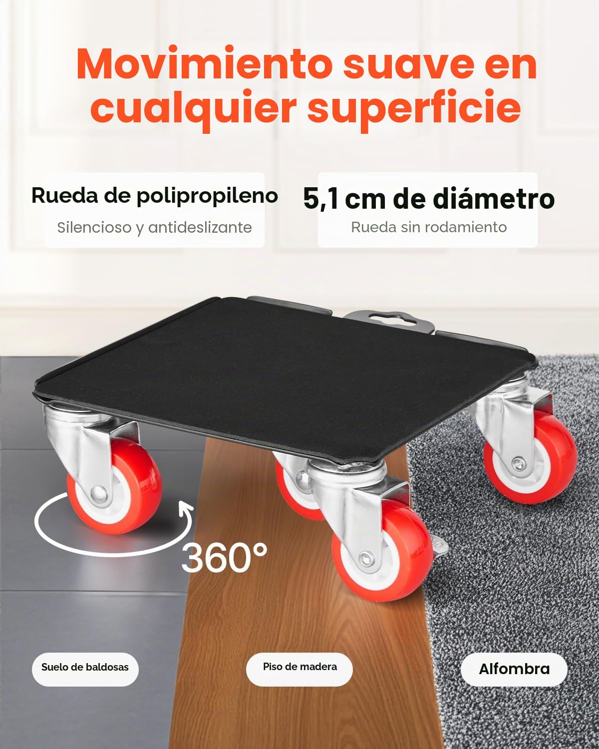 VEVOR 4 PCS Plataforma Rodante para Muebles 198 x 198 x 75 mm Carga de 1575 kg, Transportador de Muebles Resistente con 5 Ruedas Giratorias de 360° y Panel de Acero al Carbono para Mover Muebles
