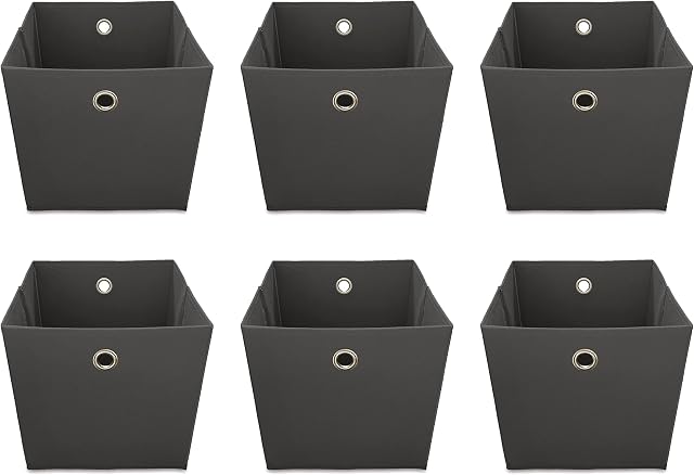 Webeasy Square Canvas Fabric Storage Box, Pack of 6 Eyelet Cube Foldable Open Bins for Home Office Nursery Organisation,Grey,28X28X28(CM)