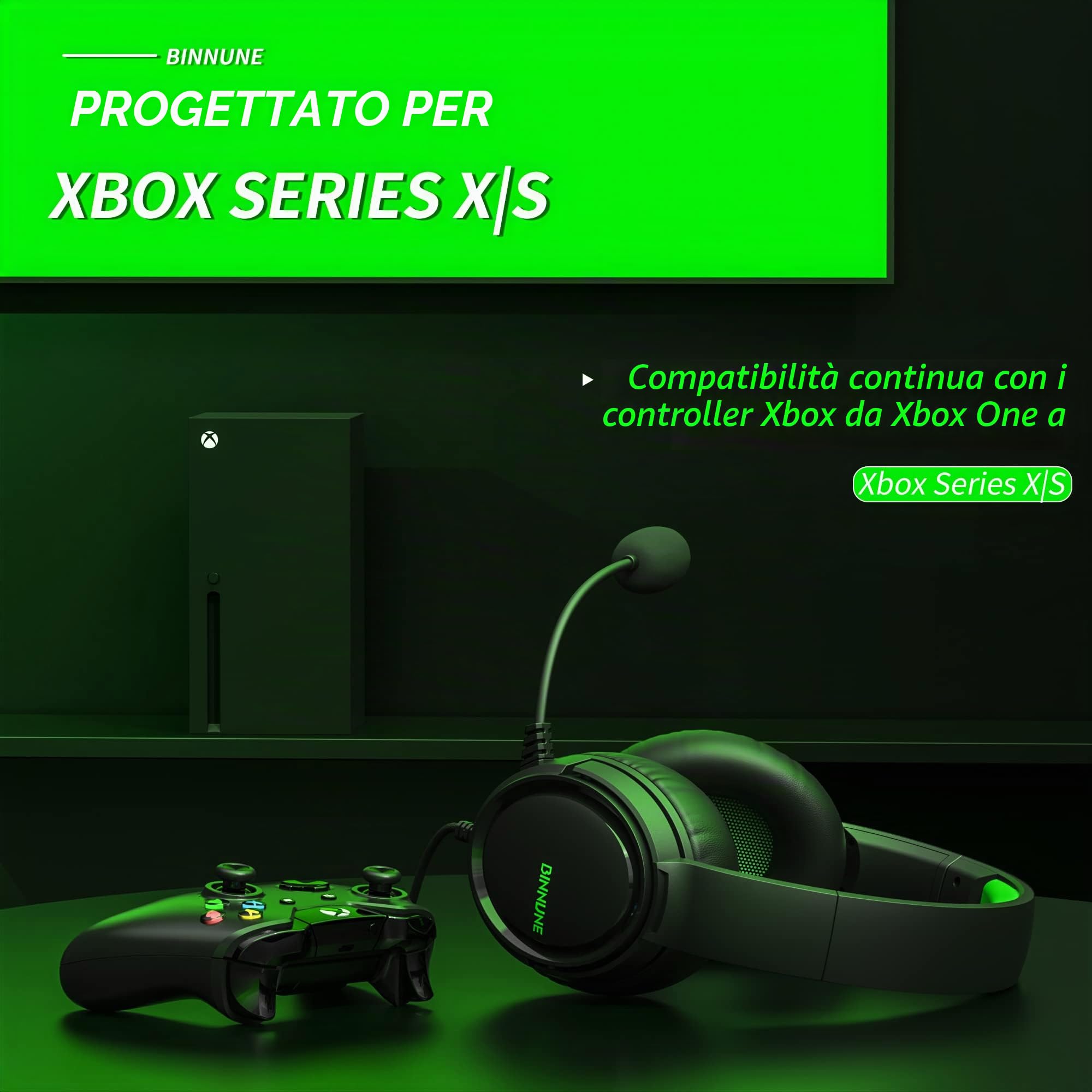 BINNUNE BG02 Cuffie Gaming per PS5, PS4, PC, Xbox, Nintendo Switch, Microfono, Audio Stereo, con Cancellazione Del Rumore con Filo - Verde