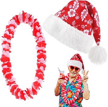 Poen 2 Pcs Hawaiian Christmas in July Costume Accessories Santa Hat Hawaiian Leis for Tropical Christmas Outfit Hibiscus Decoration