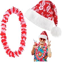 Poen 2 Pcs Hawaiian Christmas Costume Accessories Set Santa Hat Hawaiian Leis for Tropical Christmas Outfits Hibiscus Decoration
