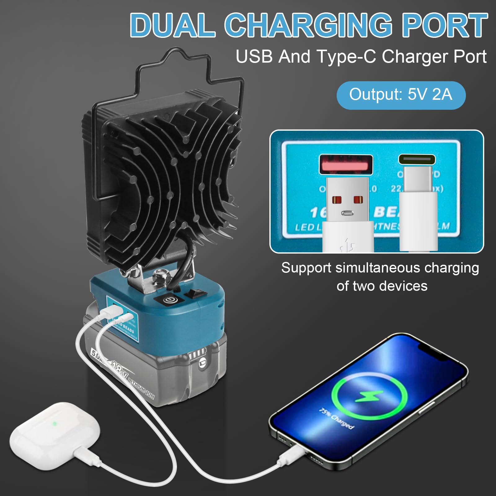 QUPERR Lampa bezprzewodowa kompatybilna z Makita 18V, 48W 5800LM LED lampa robocza, przenośny reflektor z USB i Type-C do auta, kempingu i awaryjnego oświetlenia (bez akumulatora)