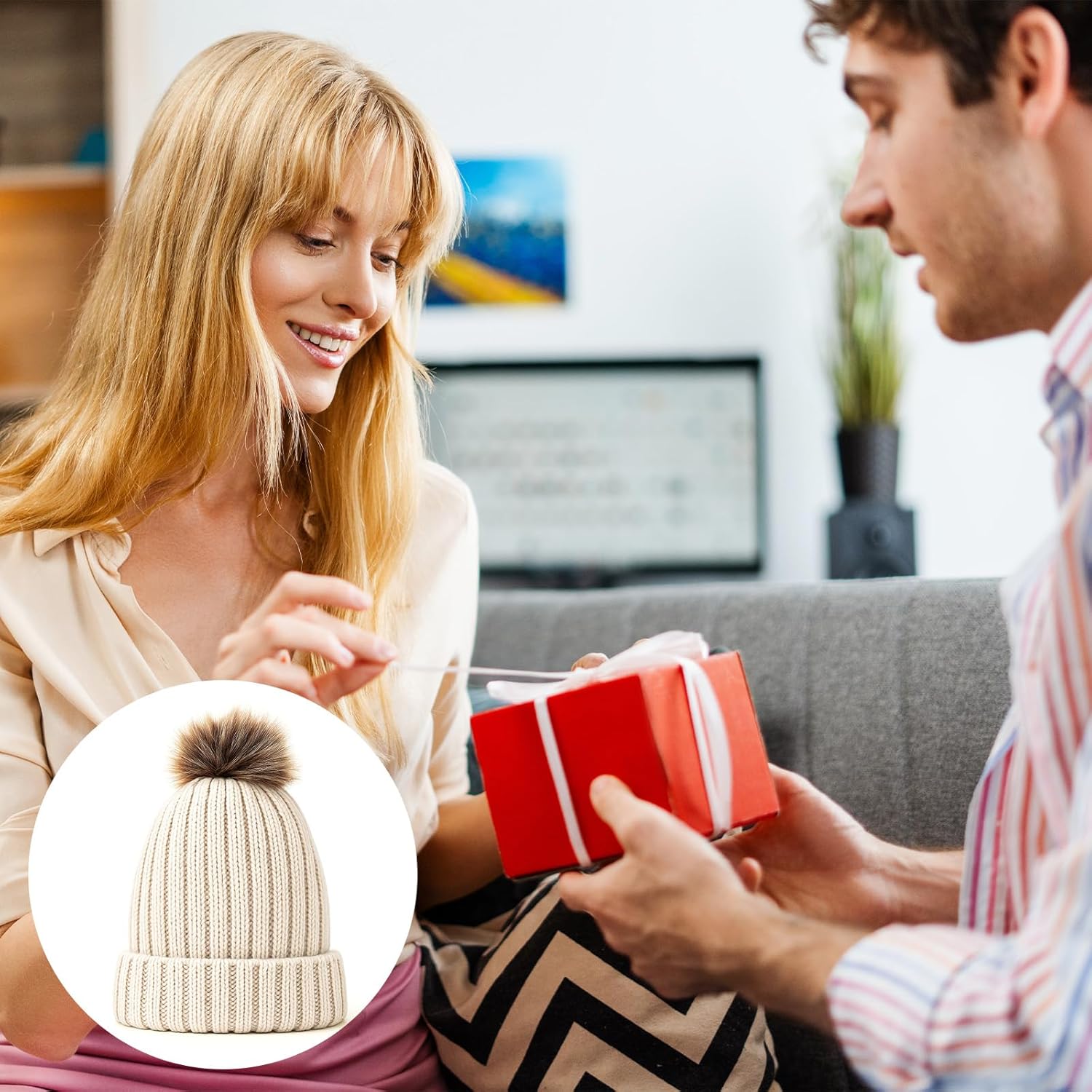 Womens Winter Beanie, Satin Lined Knitted Hat with Pom Pom, Warm Skull Cap Fashionable Womens Winter Hats Silk Beanies - Image 4