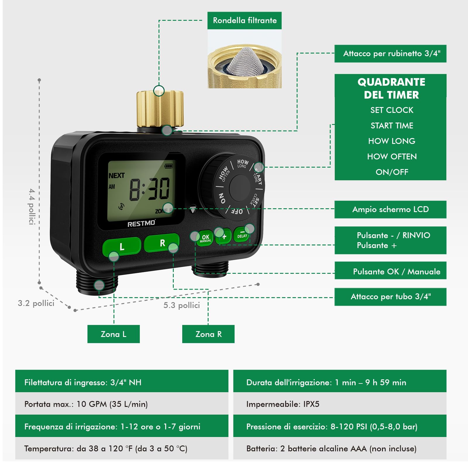 RESTMO Timer per Irrigazione a 2 Zona con Chip RF | Integrato per Accesso Remoto Opzionale, Automatico/Manuale/Ritardo Pioggia, Per Tubo da Giardino, Rubinetto Esterno