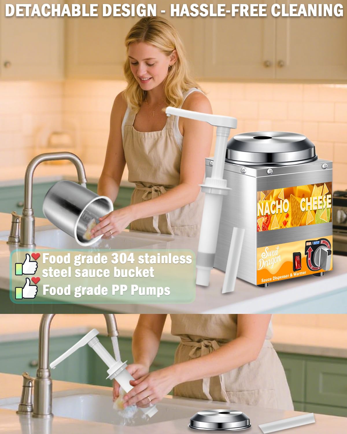 Dispensador de queso Nacho con bomba, calentador de queso nacho de 2.8 cuartos de galón, calentador de queso caliente de acero inoxidable con ajuste de temperatura de 6 niveles, dispensador de salsa