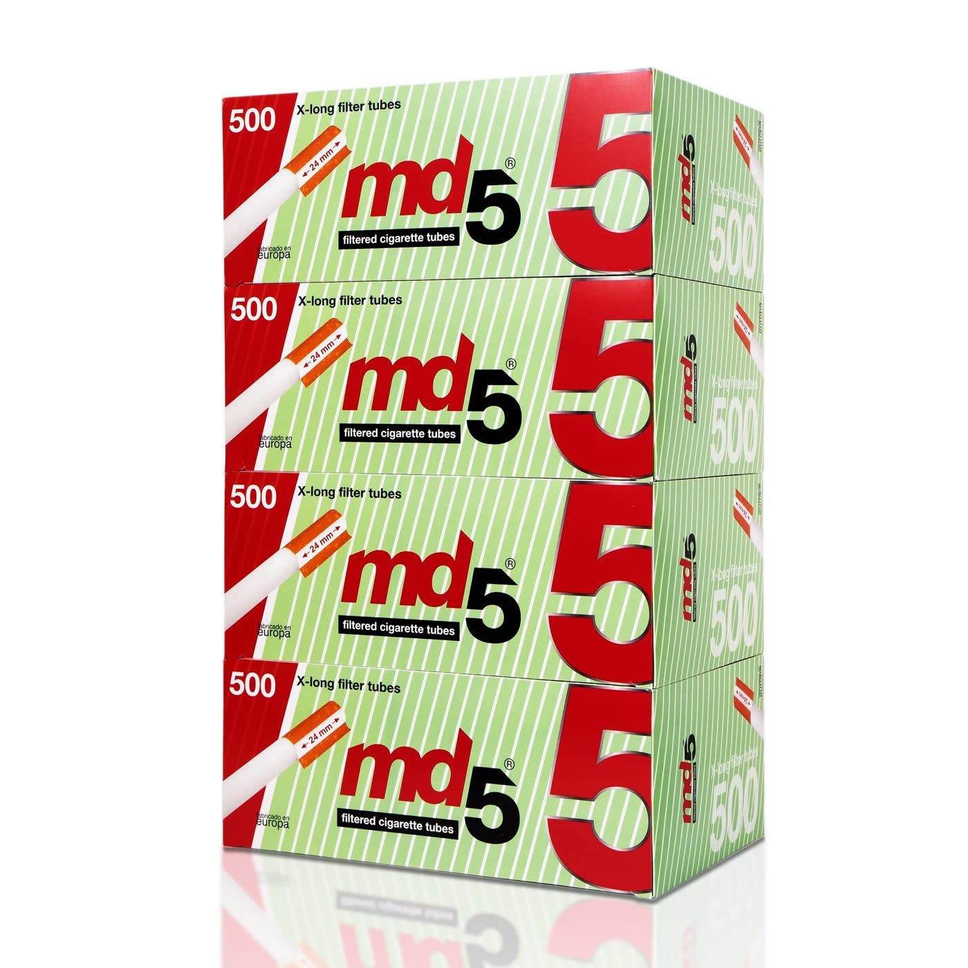 Tubos con filtro largo para rellenar MD5 | Pack de 24 cajas de 500 tubos FILTRO LARGO – 12.000 tubos para entubar cigarrillos – cigarros vacíos para rellenar con tabaco.