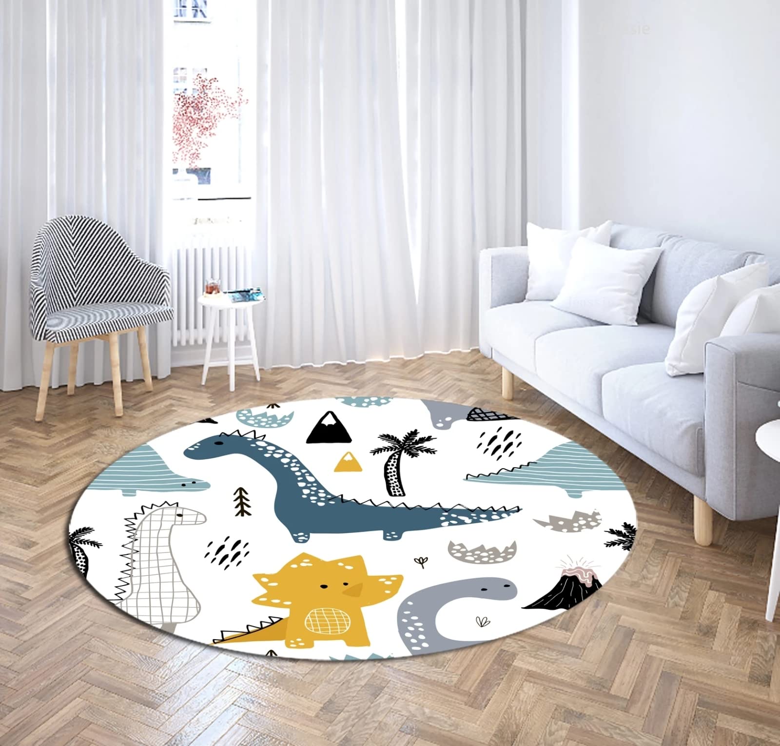 Nowoczesny dywanik designerski dywan uroczy dinozaur do sypialni i dekoracji domu 90 x 90 cm okrągły