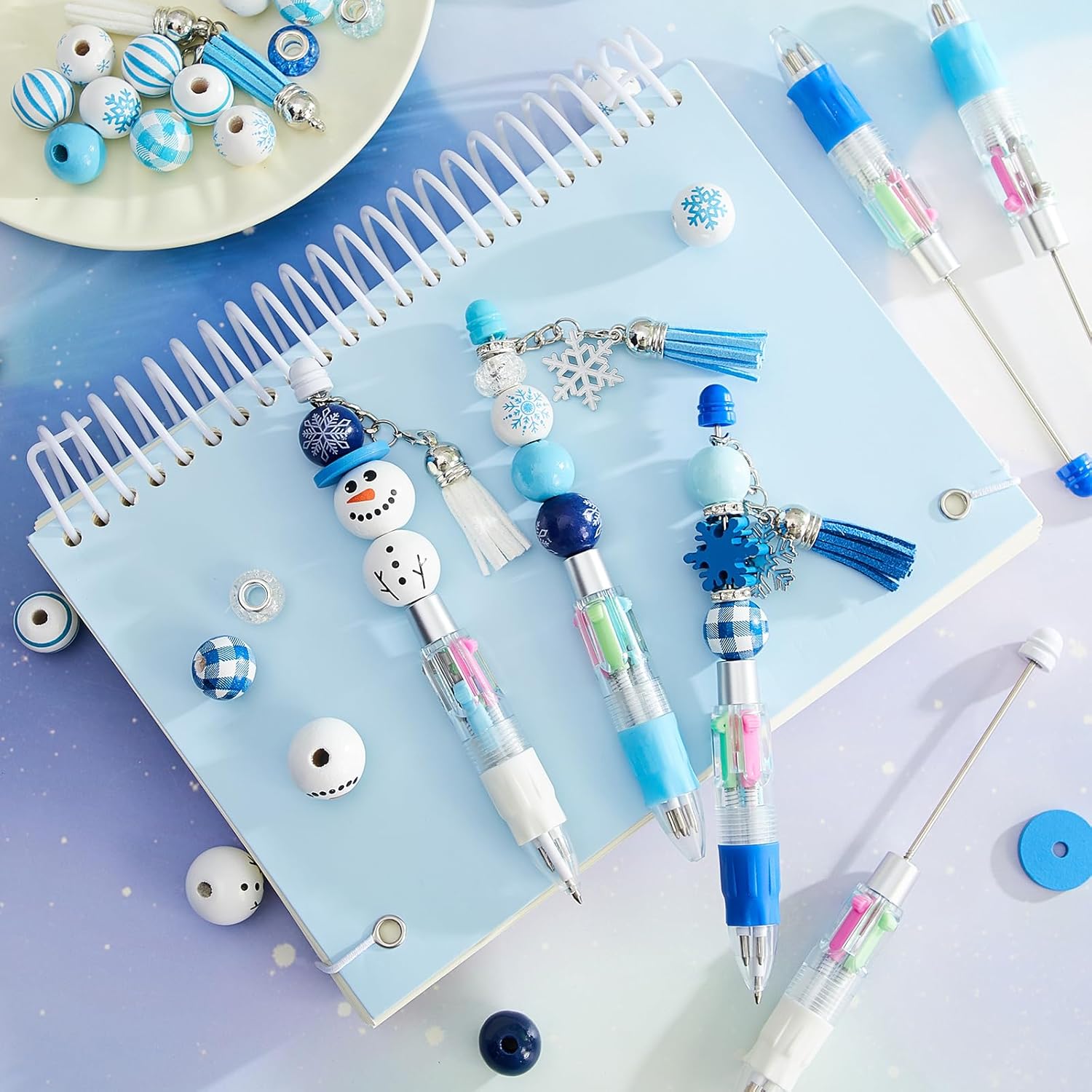 Kosiz 12 Set Winter Beadable Pens, Multicolor 4 in 1 Plastic Snowman Snowflakes Ballpoint Bulk, DIY Beaded Pens Making Kit, Blue and White Winter Theme Party Gifts Crafting for Office Supplies - Image 6