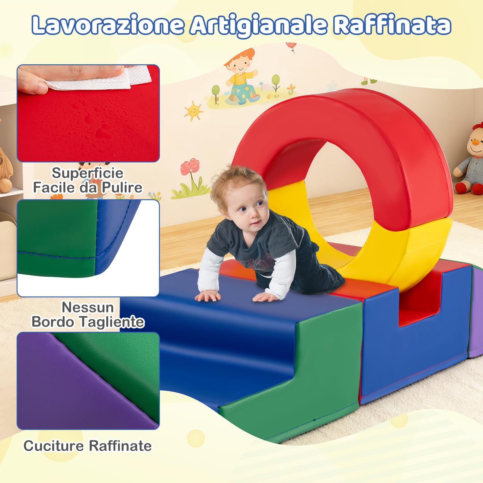 COSTWAY Set di 5 Blocchi in Schiuma EPE per Bambini, Set Gioco da Arrampicata con Rivestimento Rimovibile in Finta Pelle Impermeabile, Blocchi di Costruzione Morbidi per Bambini 12+ Mesi