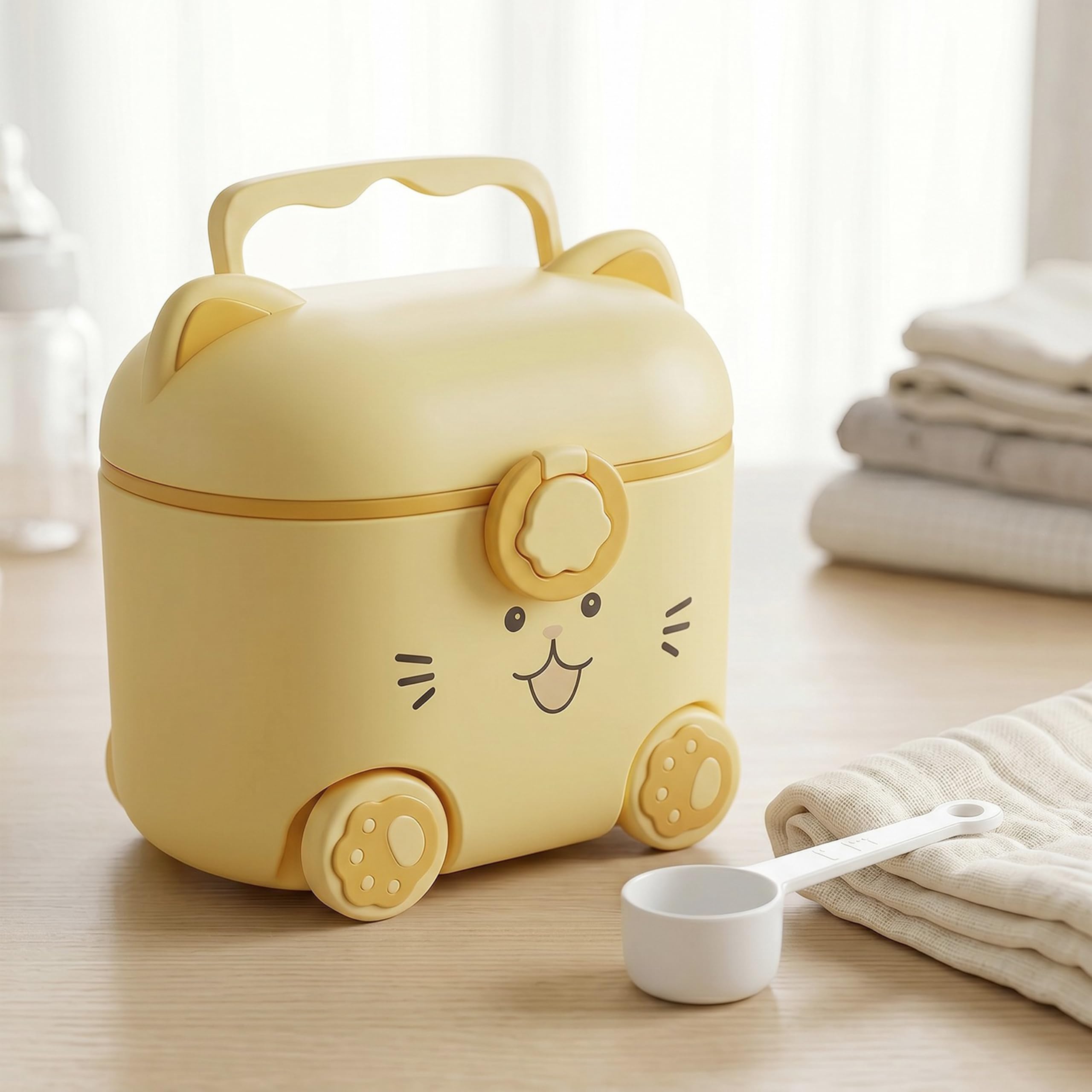 uonibaby by staranddaisy formula milk container for baby milk powder container with scoop, portable formula dispenser, airtight first feed baby food storage container/box for travel -kitty yellow