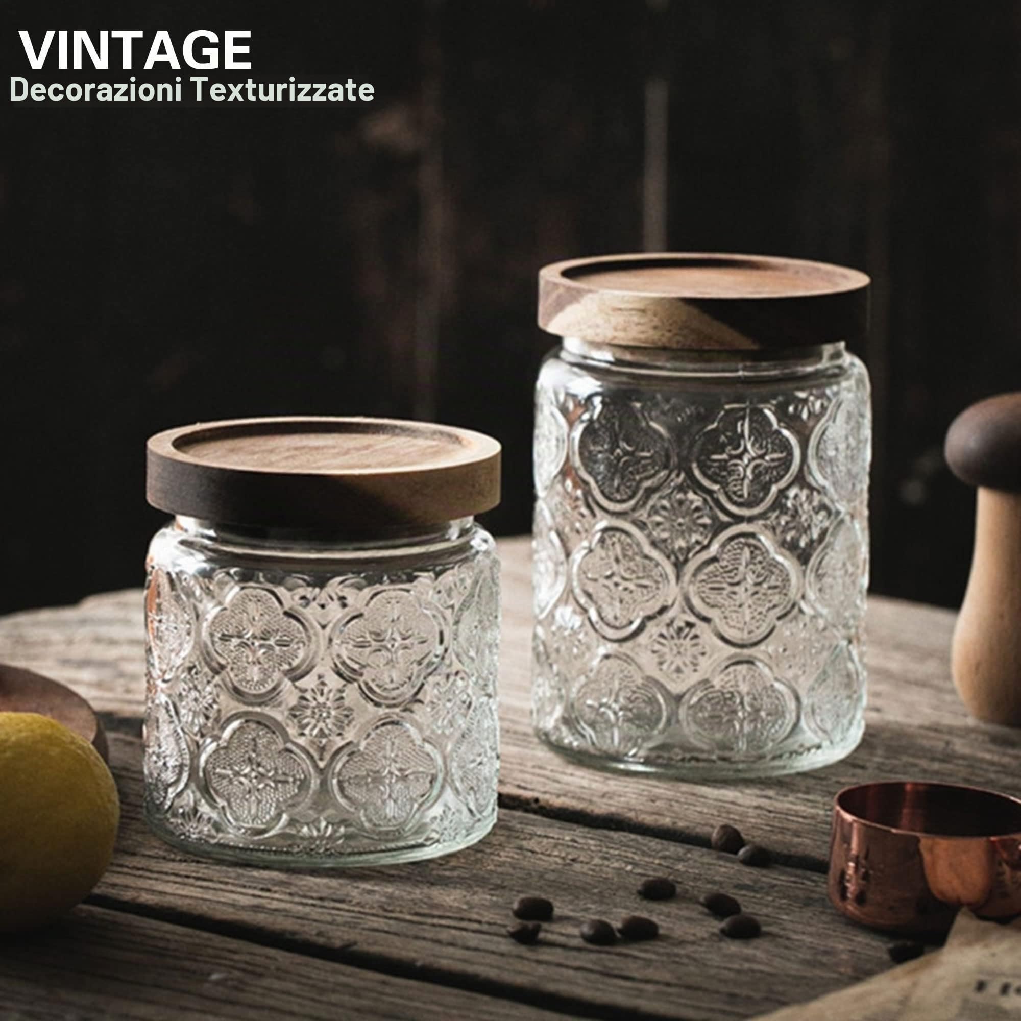 BigKing 4 PZ Barattoli in Vetro Vintage, Contenitore Trasparente per Alimenti, Vasetti di Vetro per Conservazione per Caffè, Tè, Zucchero, Spezie, Farina, Fagioli, Frutta Secca, Biscotti (450ml)