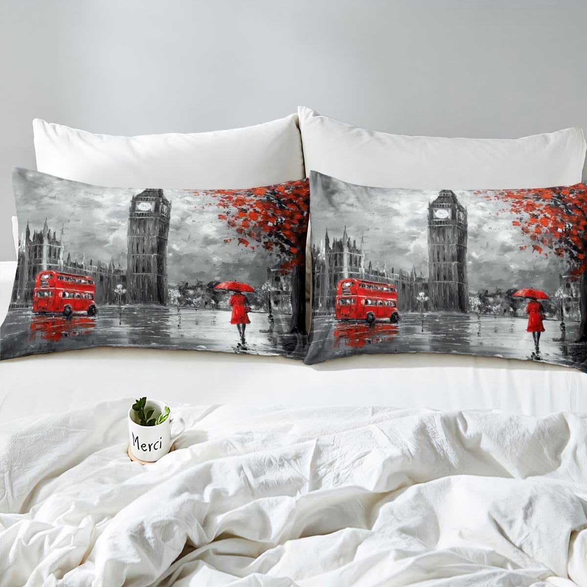 Feelyou London Bedding Set for Couples Soft Microfiber Big Ben Duvet Cover Grey Red Double Decker Bus Pattern Comforter Cove Decorative Cityscape Bedspread Cover Street Full Zipper&Ties