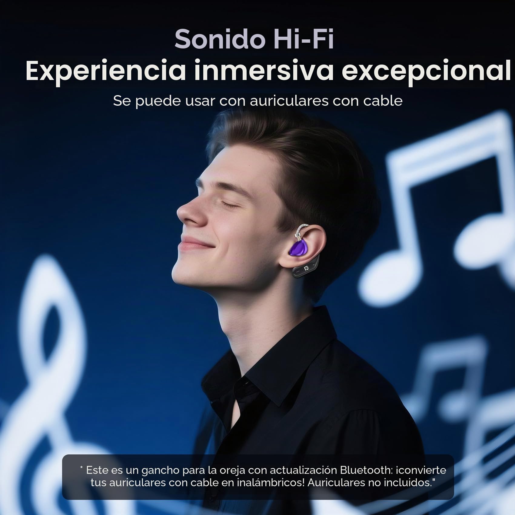 Yinyoo KBEAR BT15 PRO Bluetooth 5.4 Módulo inalámbrico con gancho para la oreja para deportes HIFI Amplia compatibilidad Cable de auriculares para KZ ZS10 PRO/EDX PRO/ZSN PRO/ZST (negro, 2 pin0.78 mm)