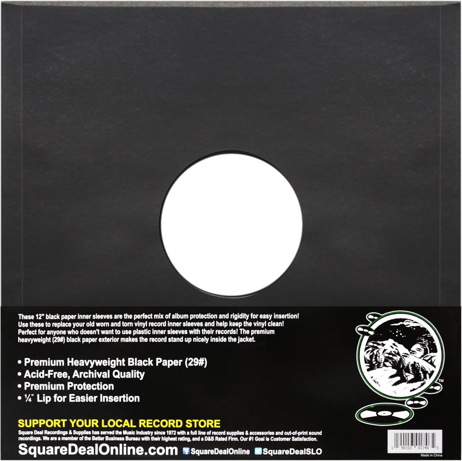 (50) Black Paper Super Heavyweight 12" Record Inner Sleeves with Center Hole - 12IWBK