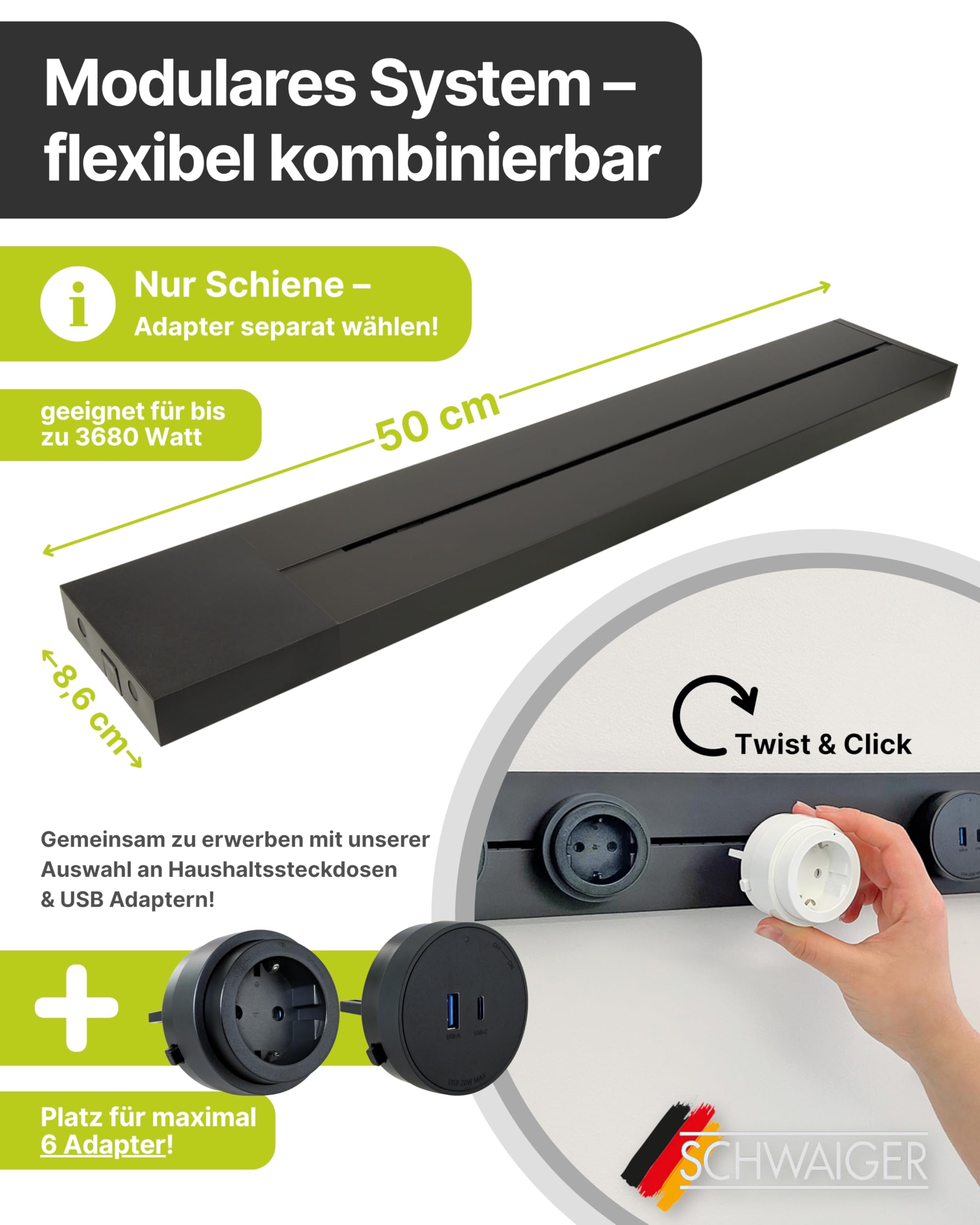 SCHWAIGER Konfigurierbare Steckdosenleiste I 50 cm in Schwarz I Stromschiene im Alu-Design für modulare Steckdosen I Individuell einstellbar I VDE geprüft & perfekt für Küche, Büro & Werkstatt