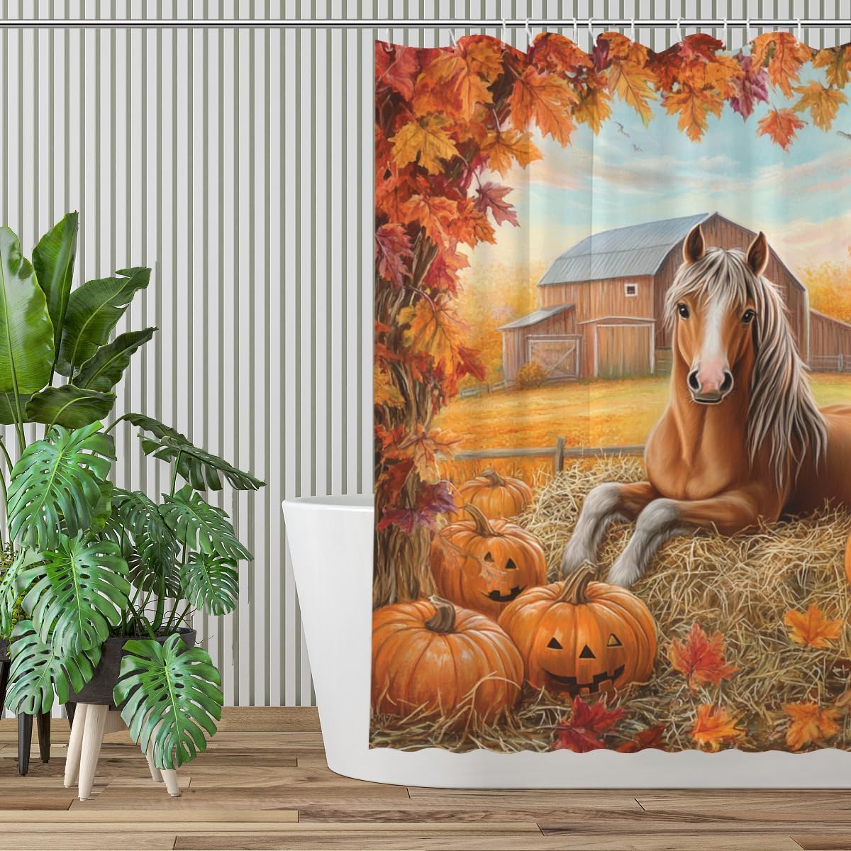 Fall Harvest Horse Shower Curtain Funny Autumn Pumpkin Maple Leaves Farmhouse Barn Country Scenery Bath Bathroom Accessories Decor with Hooks 72W x72L