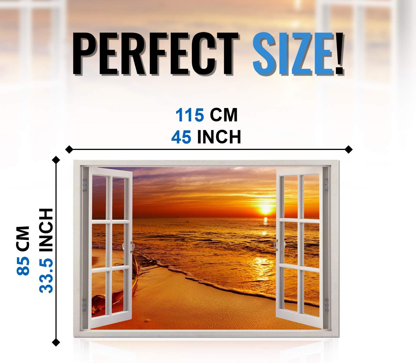 Realistic Window Wall Decal – Peel and Stick Nautical Decor for Living Room, Bedroom, Office, Playroom – Beach Wall Murals Removable Window Frame Style Ocean Wall Art – Vinyl Poster Wall Stickers