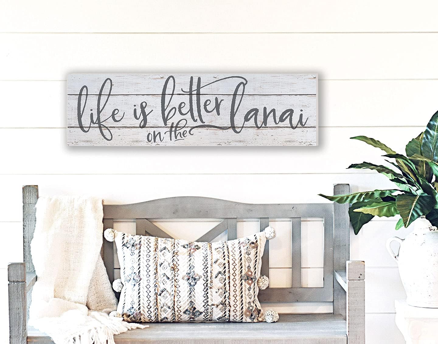 35"x10" Whitewash/Navy Life is Better on Lanai Indoor Outdoor Sign