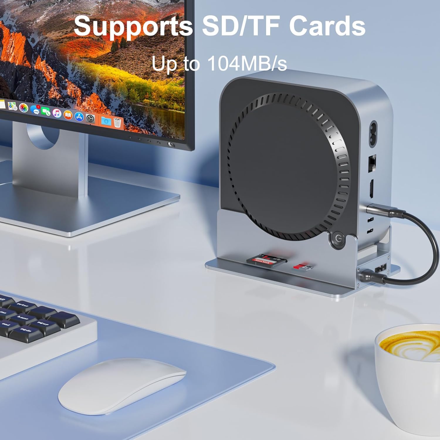 Mac mini M4 Dock & Stand with 4K60Hz HDMI and DisplayPort, M.2 NVMe SSD Enclosure, 4 USB-A Ports, SD/TF Card Reader 9 in 1 Hub for Mac mini M4/M4 Pro - Silver