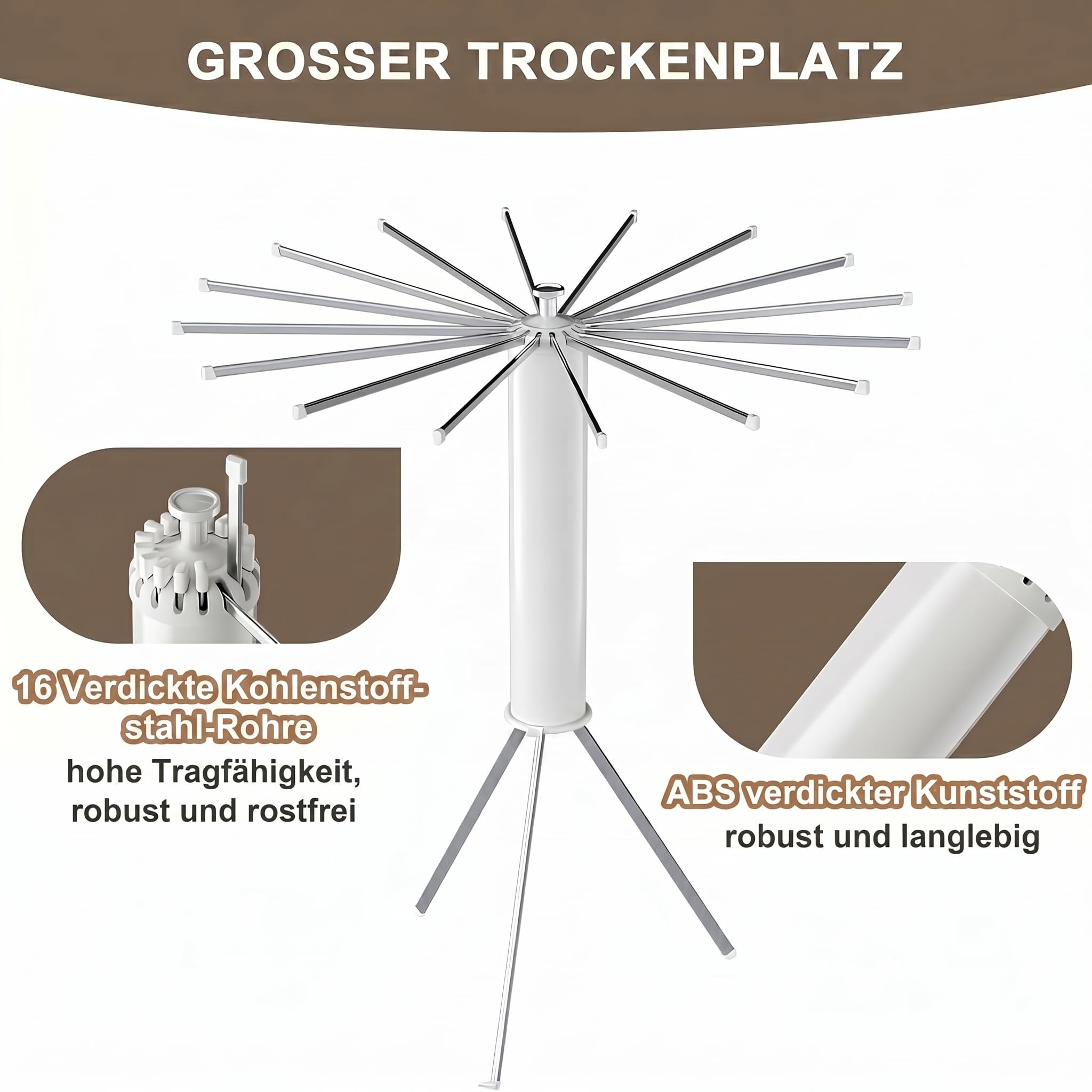 Wäscheständer Ausziehbar Platzsparend Klappbar - 360° Drehbarer Standtrockner für Balkon Badewanne Camping, 16 Armen Wäschespinne Hoch, Kleiner Kleiderständer Wäschetrockner