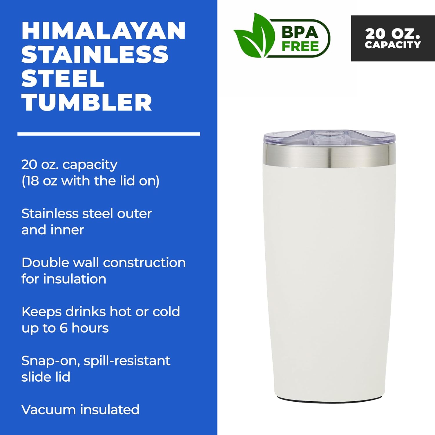 6 Ct of 20 Oz Two-Tone Himalayan Stainless Steel Tumbler with Lid – White – Customizable Insulated Cups for Water, Coffee, Hot & Iced Drinks – Great for DIY, Events, Work - Image 2