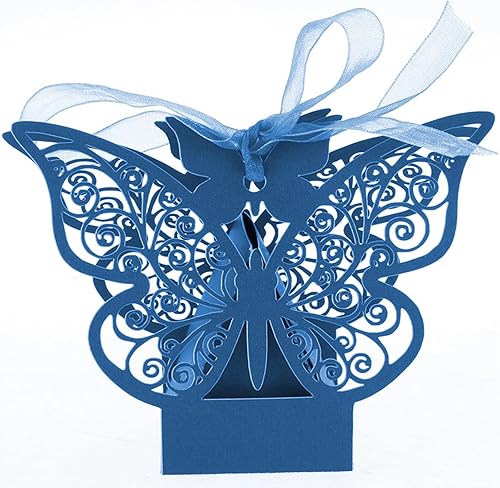 50 cajas de regalo de mariposa azul marino cortadas con láser, cajas de regalo de galletas con cintas, bonita caja de chocolate para boda, niña,