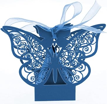 50x Navy Blue Butterfly Laser Cut Favor Boxes Cookie Present Boxes with Ribbons Cute Chocolate Box for Wedding Girl Bridal Birthday Party Baby Shower Favors Decoration