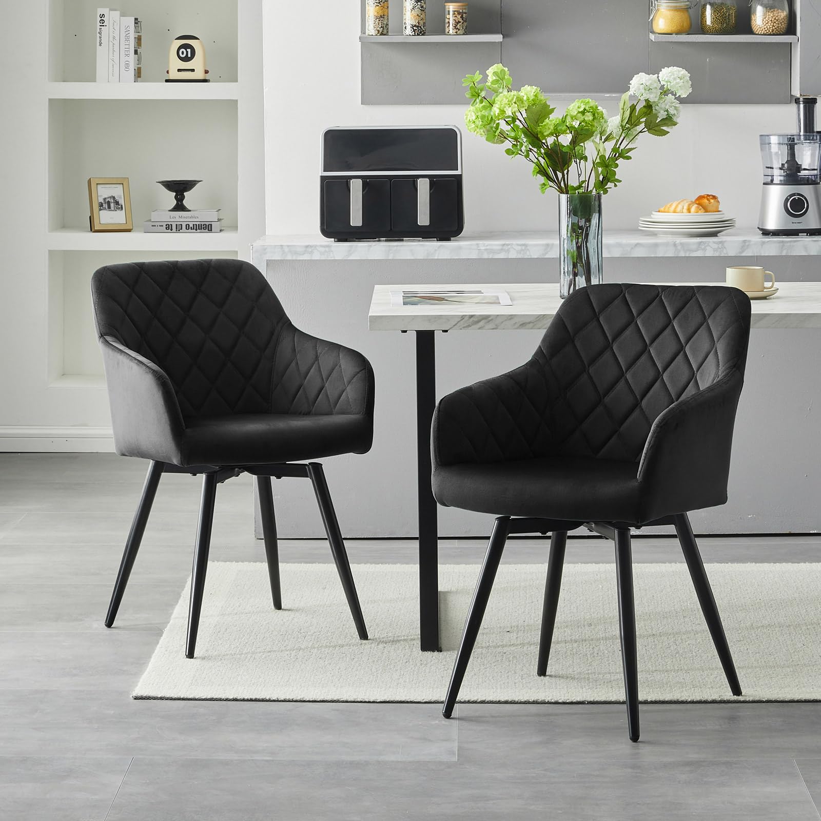 CLIPOP Dining Room Chairs 360 Swivel Seat with Arms Velvet Upholstered Kitchen Chair Set of 2 Metal Legs Armchairs for Living Room Bedroom Office