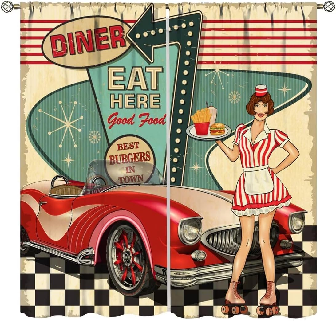 Vintage Car Curtains for Mens,Retro Poster Design 60s Style Cars Repair Window Treatments for Bedroom Living Room Office Kitchen Window Drapes 2 Panels Set,Total Size 42 x 63 Inch