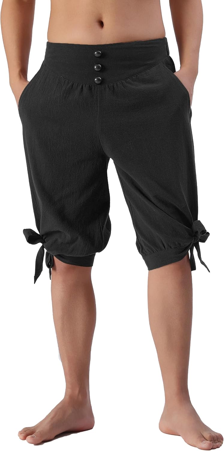 Men’s Renaissance Viking Pirate Shorts, Medieval Linen Banded Pants Halloween Colonial Costume(Black,M)