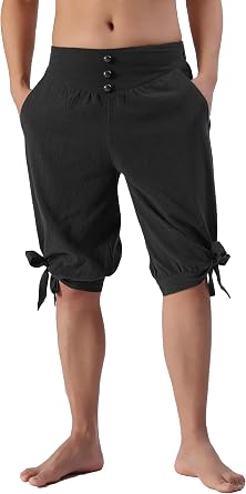 Mens Renaissance Viking Pirate Shorts, Medieval Linen Banded Pants Halloween Colonial CostumeBlack,M