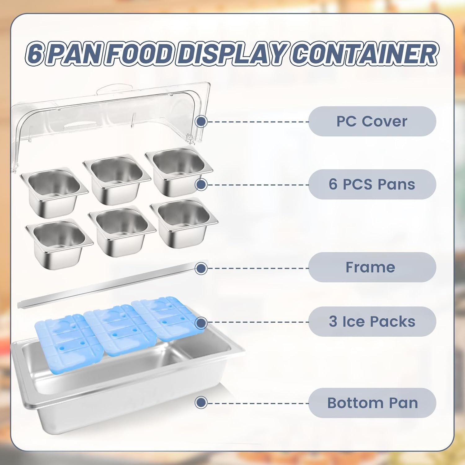 Ice Food Serving Display Tray with 6 Pan, Stainless Steel Salad Bar Buffet Station for Home, Pizza Topping Station, Ice Tray for Food Buffet, Cold Food Buffet Server for Party Home Hotel Kitchen