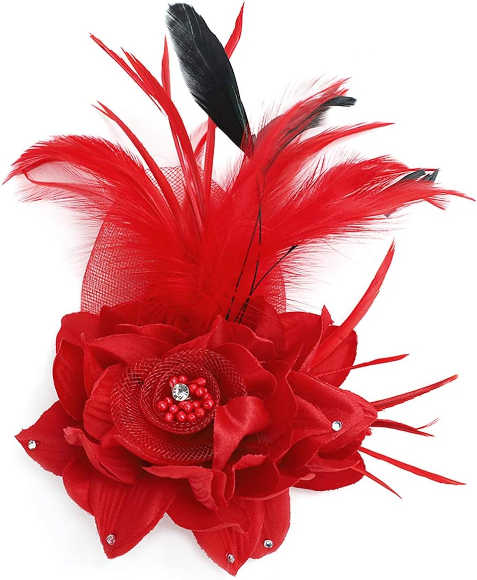PURFUNWomen Girls Chic Feather Mesh Flower Fascinator Bridal Bridesmaid Wedding Evening Hat Headpiece Brooch Breastpin