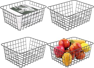 Wire Storage Baskets, Furnikko 4 Pack Metal wire Baskets Durable Wire Baskets for Storage Organizer for Pantry, Kitchen Cabinets, Pantry, Bathroom, Countertop, Closets, Black
