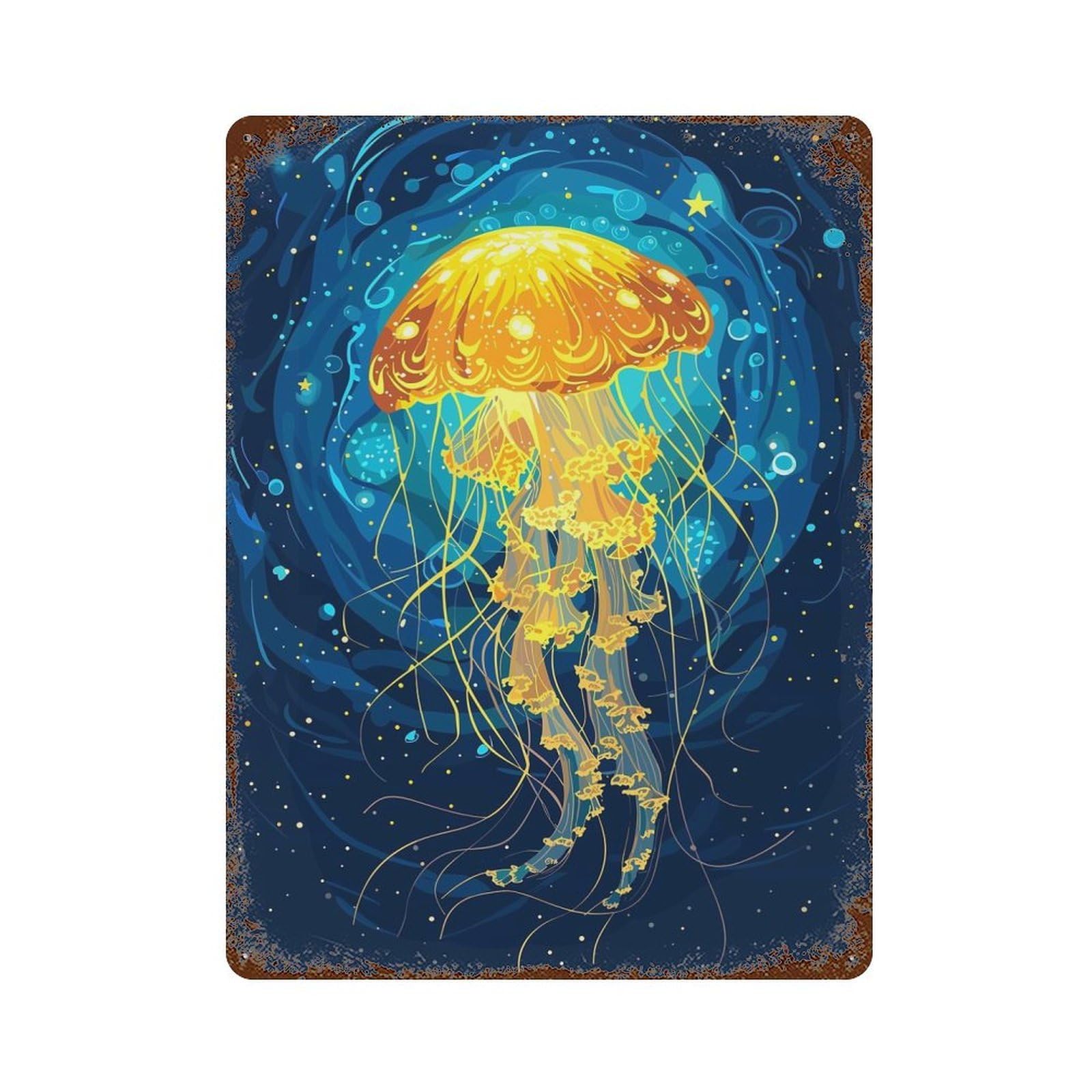 Glowing Jellyfish in Deep Blue Sea Rusty Metal Tin Sign 15.7"x11.8", for Basement, Hobby Room And Garage Decor, Retro Wall Decor