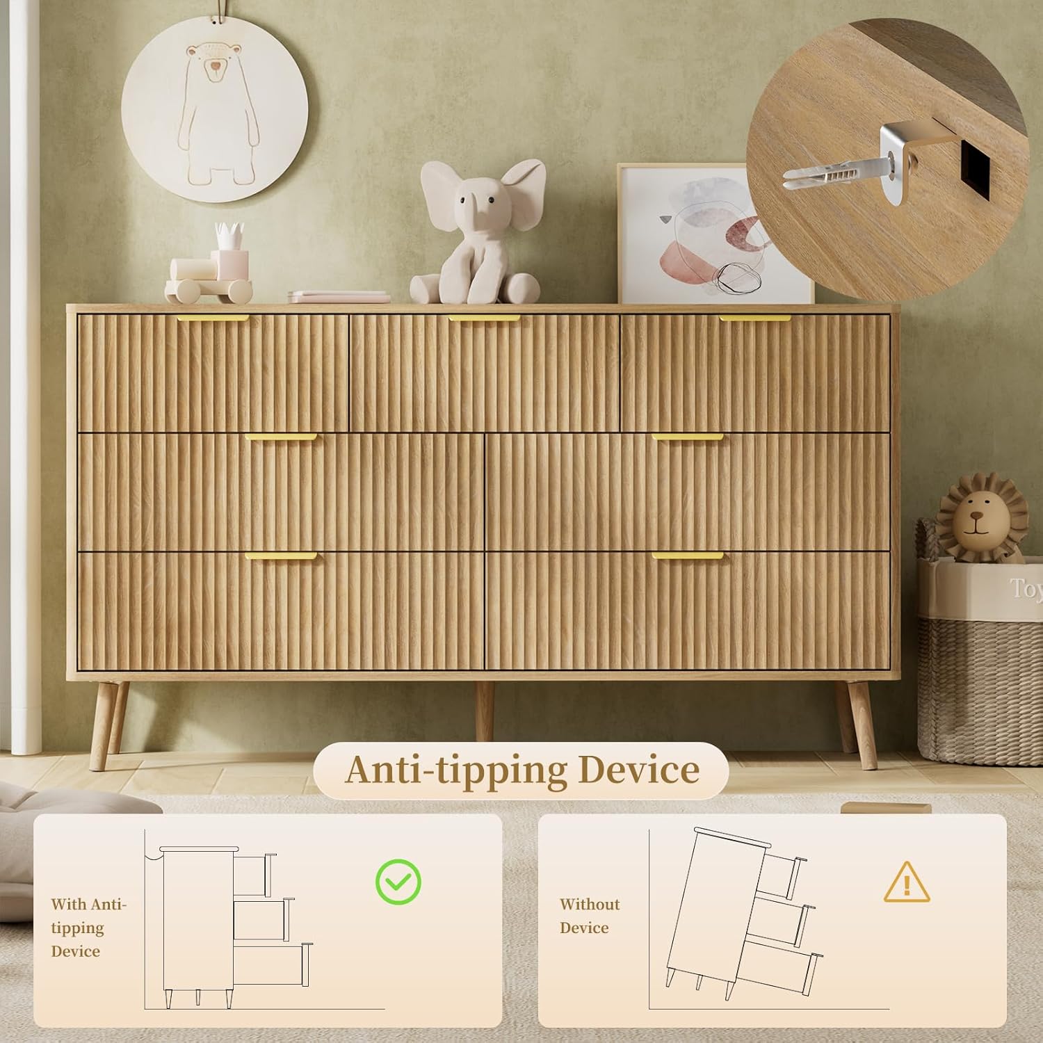 LYNSOM 55" W Fluted Dresser for Bedroom with 7 Drawer, Modern Chest of Drawers with Metal Handle and Curved Profile Design, Wood Dresser TV Stand & Storage Organizer for Living Room, Natural Oak Natural Oak 15.7"D x 55.1"W x 30.9"H (7 Drawers)