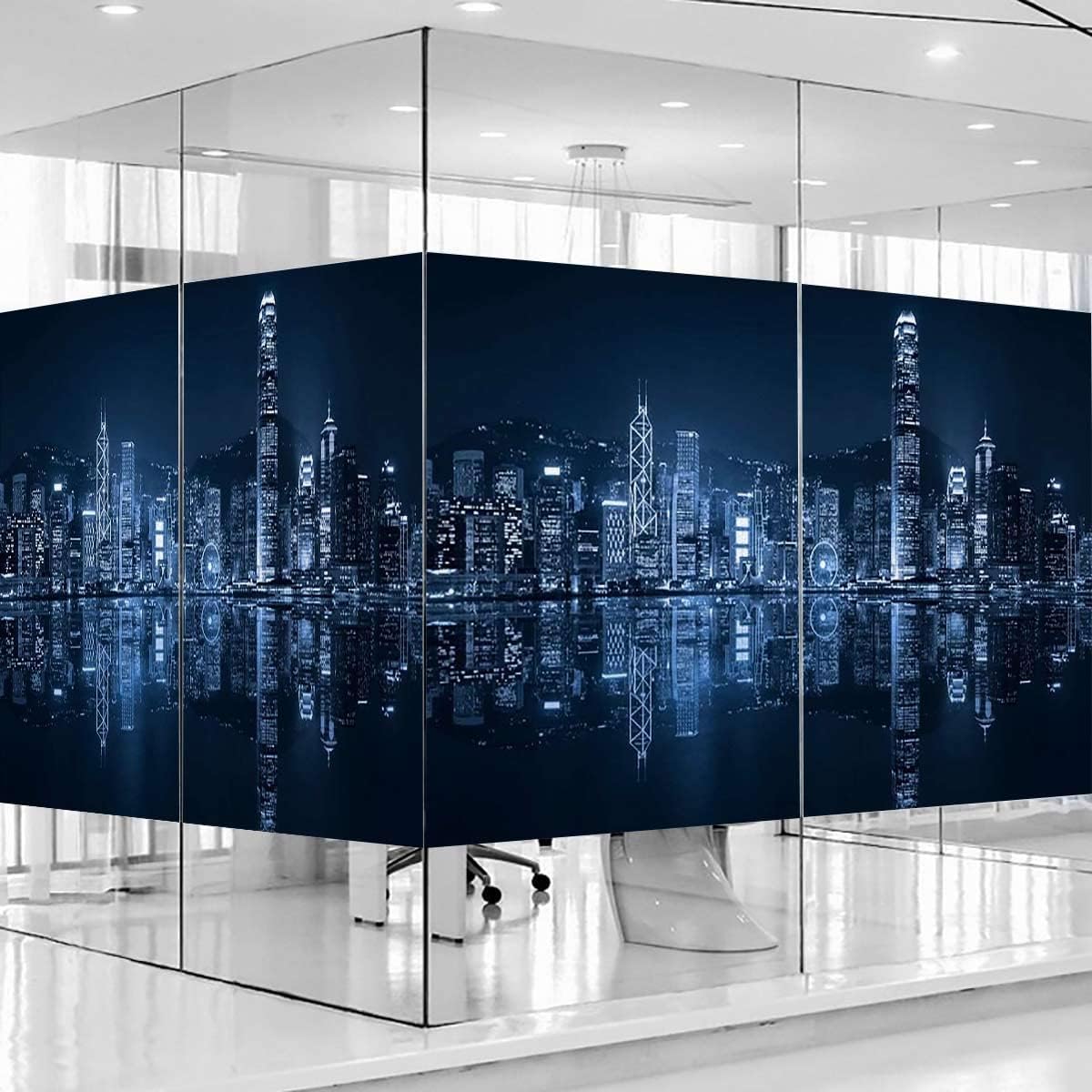 Dark Blue Frosted Glass Film,Privacy Window Films,Static Decorative Films,Waterproof Home Bathroom Office Reusable Opaque Window Sticker Decal Night Landscape Sleeping City Dramatic 35.4Wx63L x2 Pcs