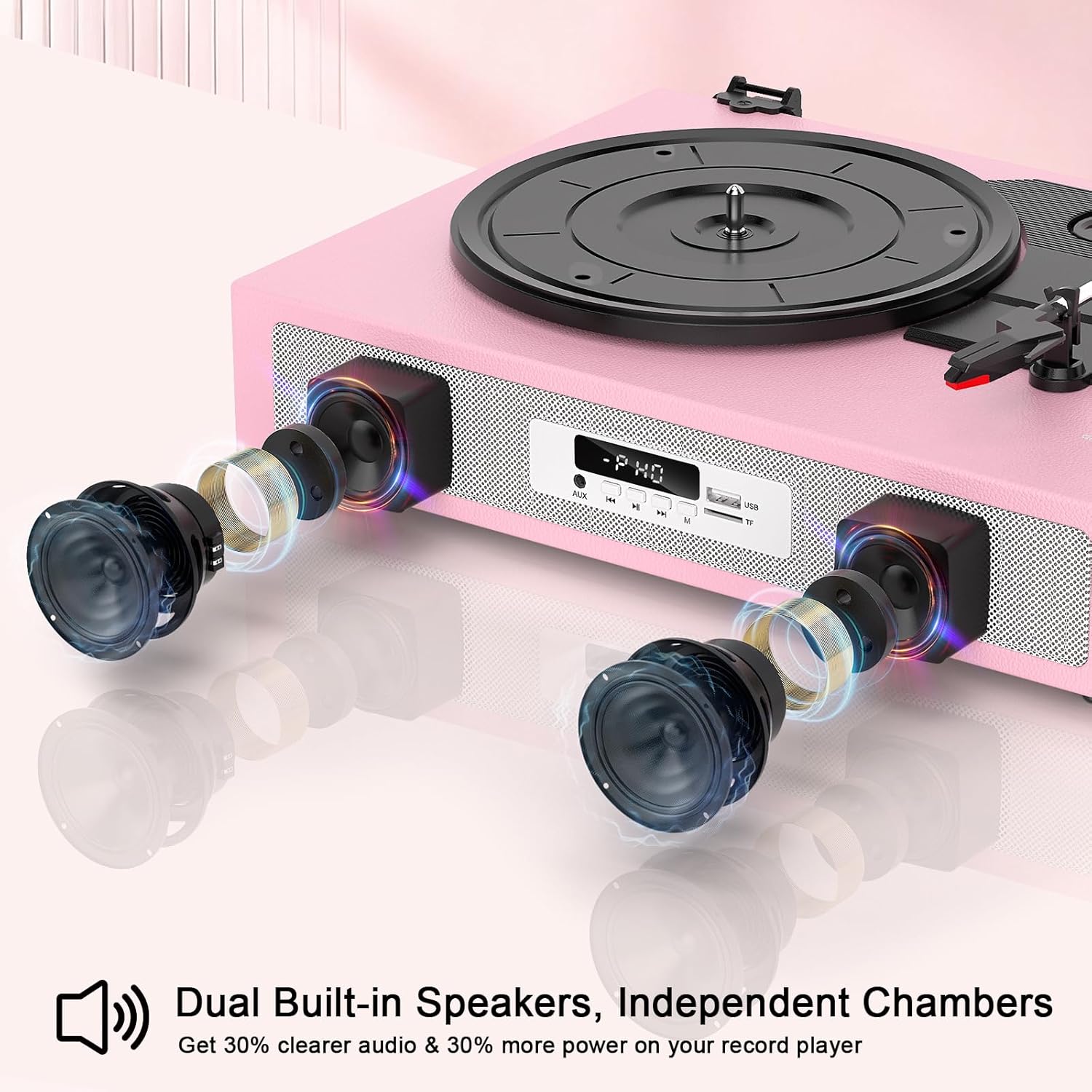 Pink Record Player with Built-in Stereo Speakers, 3-Speed Bluetooth Turntable, Belt Drive, USB/TF Playback & Recording, EQ Sound Modes, RCA & AUX, LED Display – Retro Vinyl Player Gift