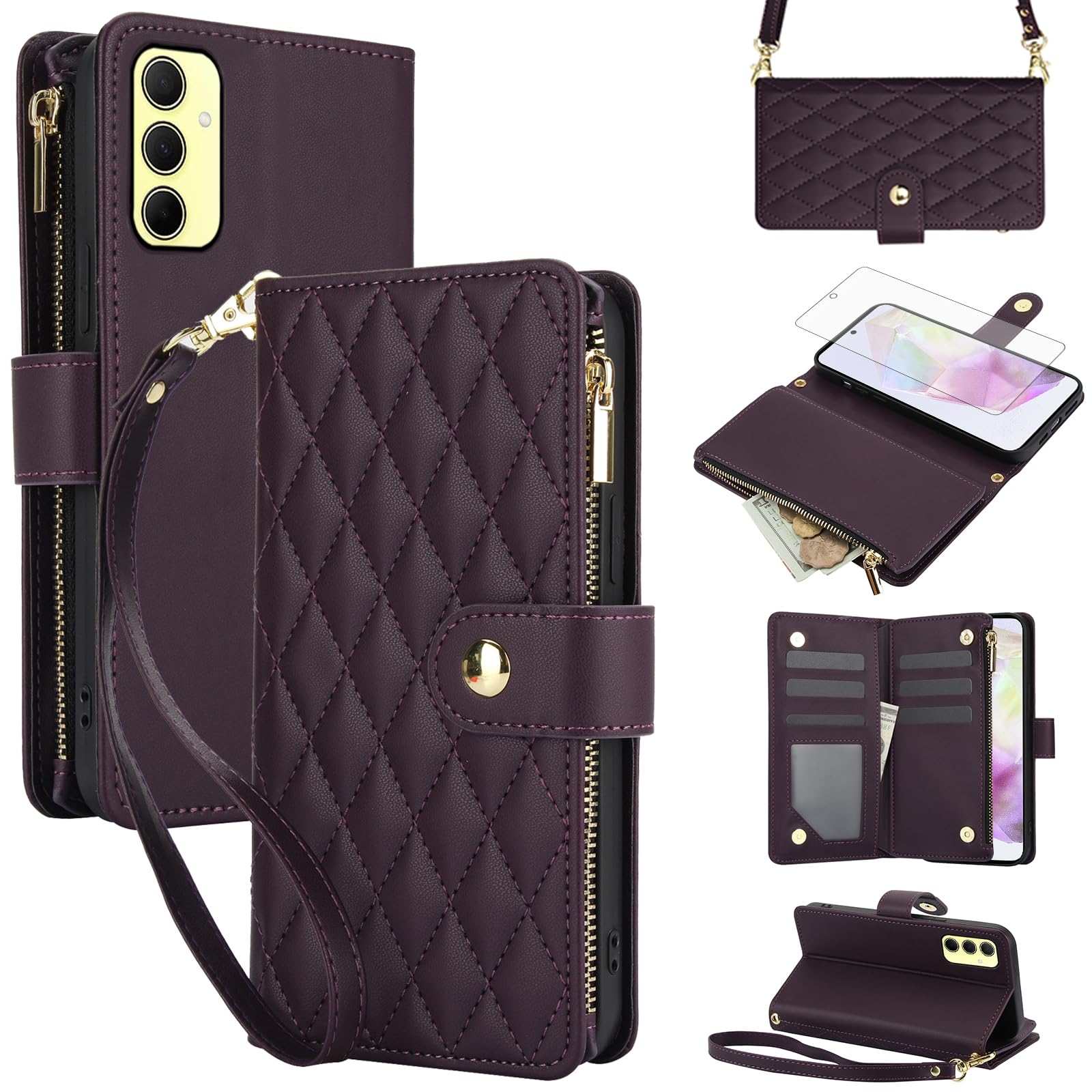 Asuwish Handyhülle für Samsung Galaxy A35 5G Hülle mit Band Folie Schutzfolie Kartenfach Klappbar Leder Geldbörse Ständer A 35 35A A355G Handy Hüllen Schutzhülle Reißverschluss Phone Case Dunkellila