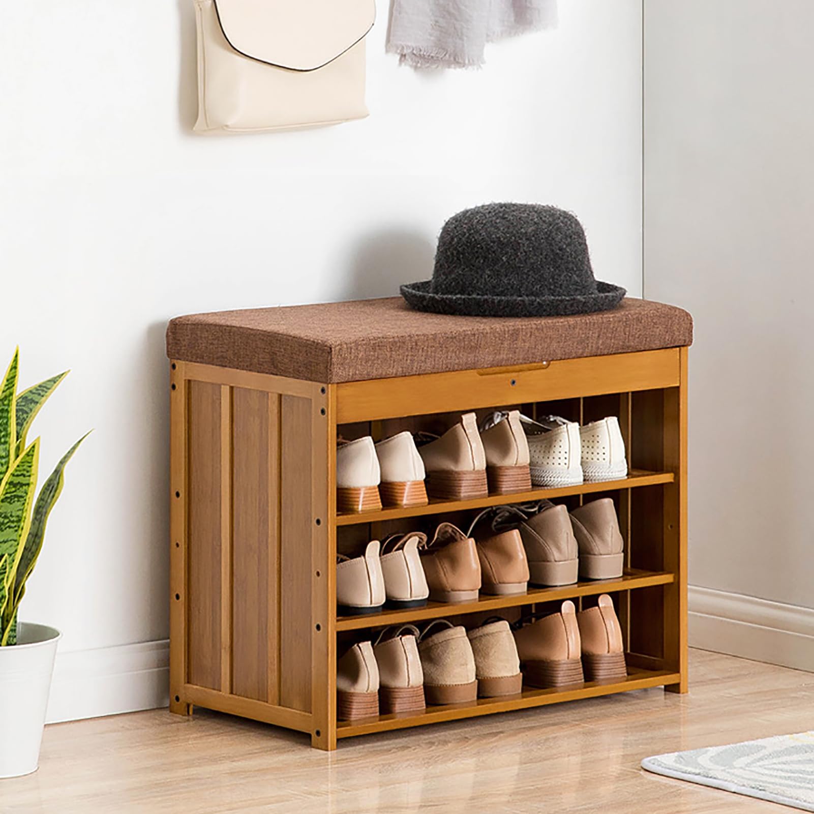 Banc à chaussures en bambou compact avec rangement rabattable et coussin d'entrée