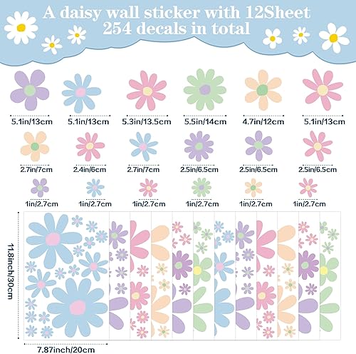 Miniatura 2 de 12 hojas de calcomanías de pared de margaritas bohemias con flores, lindas calcomanías florales para niños y niñas, calcomanías florales para