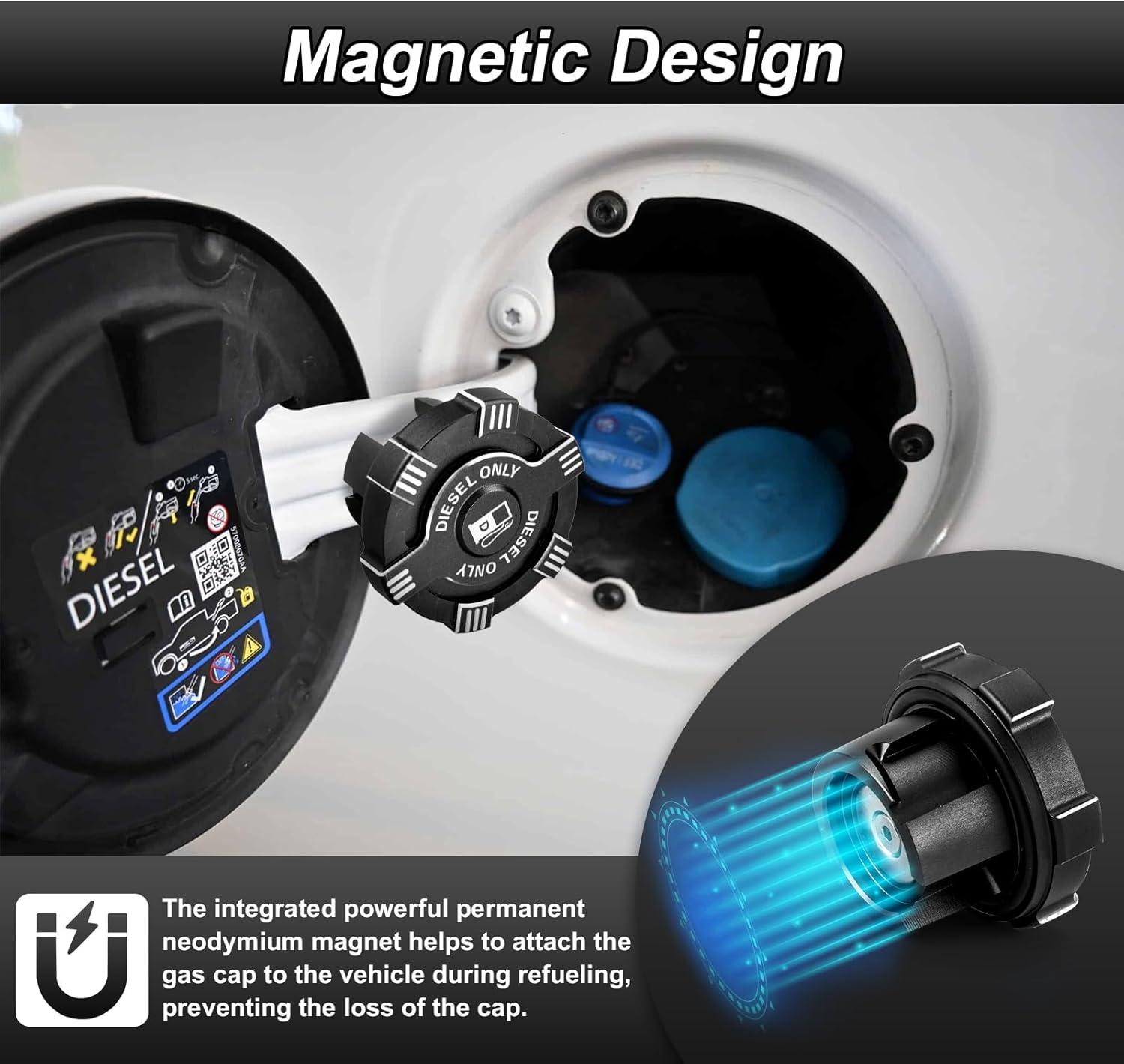 Magnetic Diesel Fuel Cap 6061 Aluminum Compatible with Dodge Ram 1500 2500 3500 3.0L 6.7L Diesel 2019-2025 Replace Part 82215782(Black)