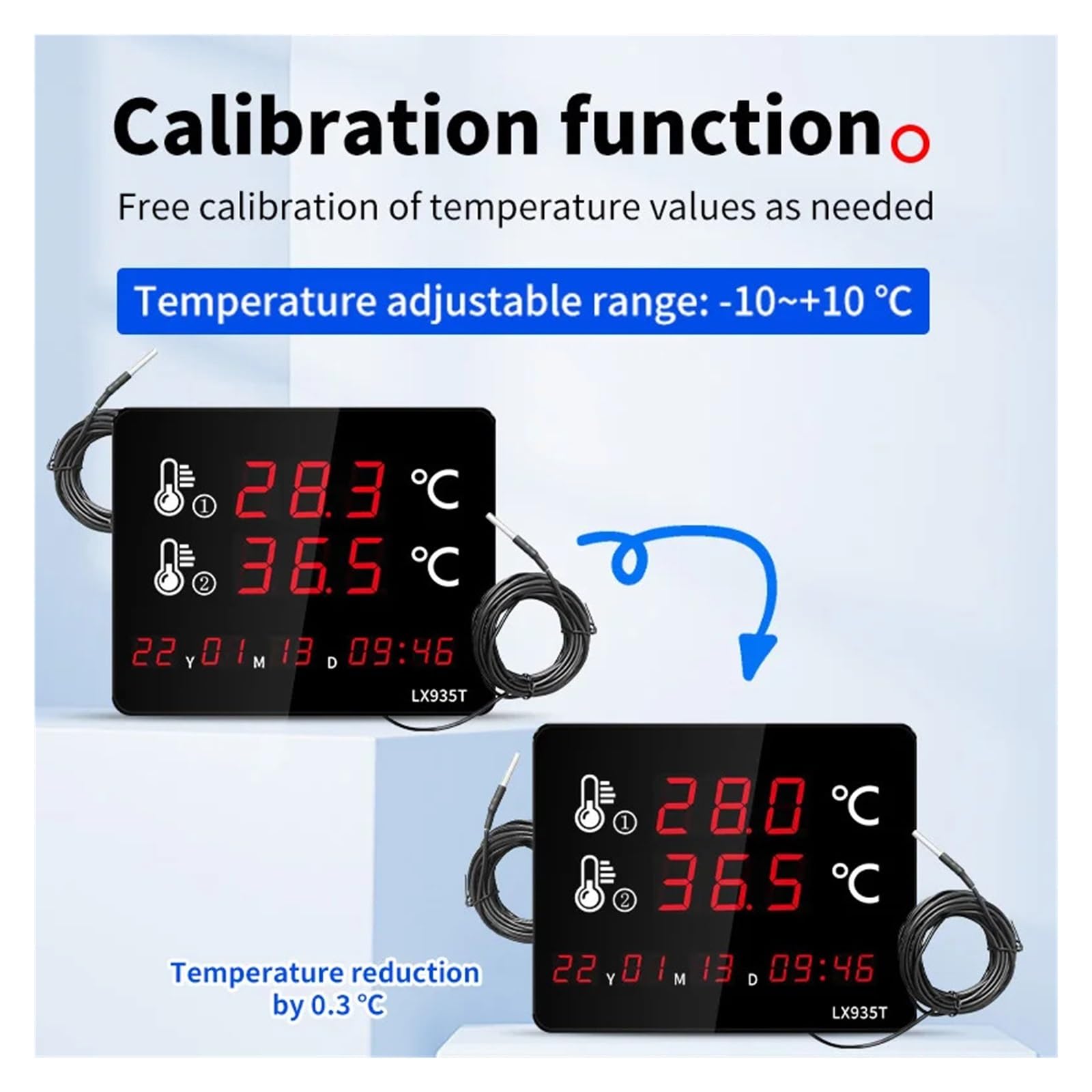 Termómetro Digital de Agua con sonda Dual Impermeable, Lectura rápida for Piscina, Acuario, pecera, Pantalla LED de Tiempo de Montaje en Pared.