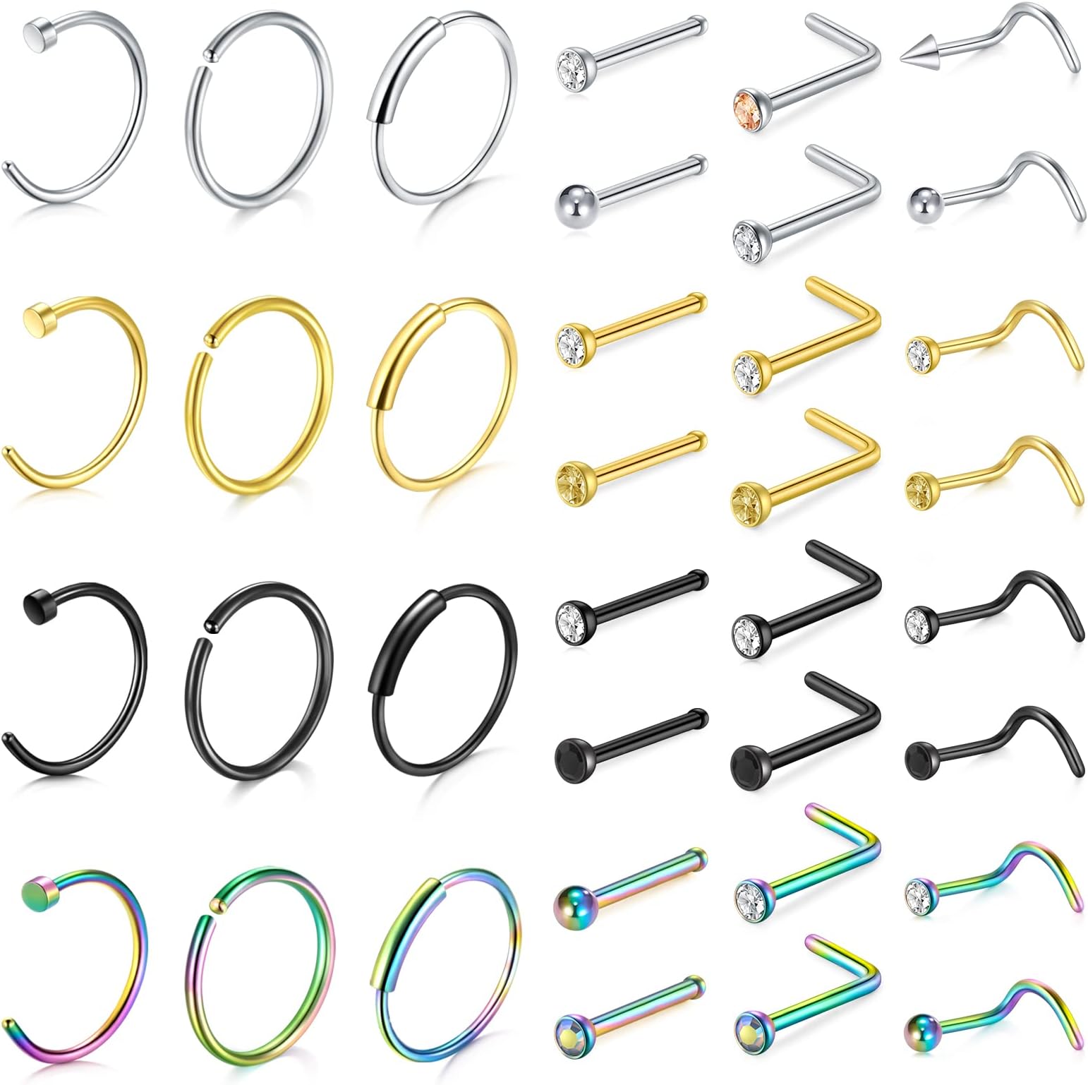 Zolure18g 20g 22g Nose Rings Nose Studs Surgical Stainless Steel Screw L Shaped Pin Bone Nose Nostrial Piercing Jewerly for Women Men