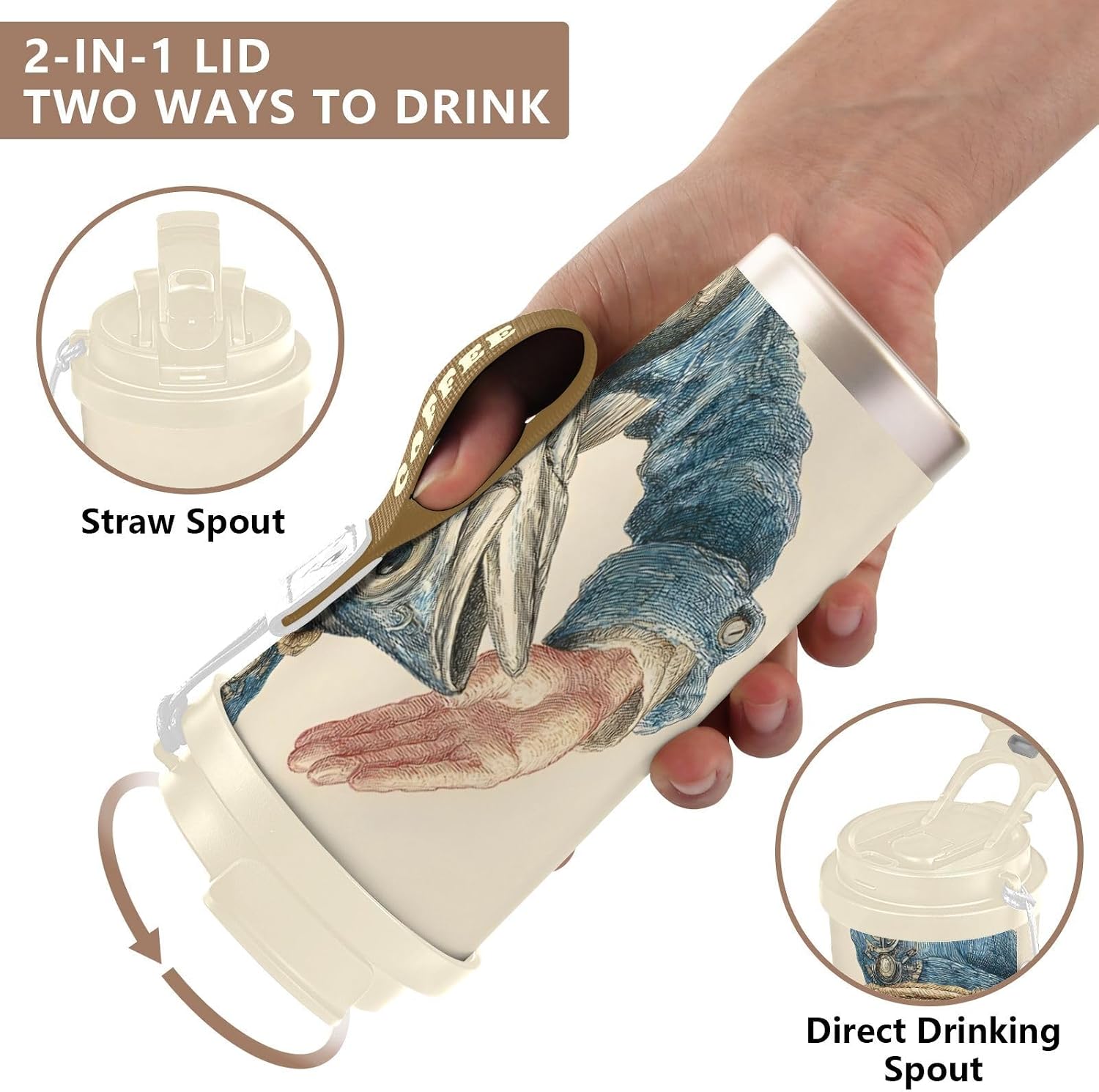 Insulated Coffee Mug Funny Fish Captain with Straw & Flip Lid, 16.9oz Iced Tumbler Cup, Double Wall Vacuum Mug for Travel Office Camping