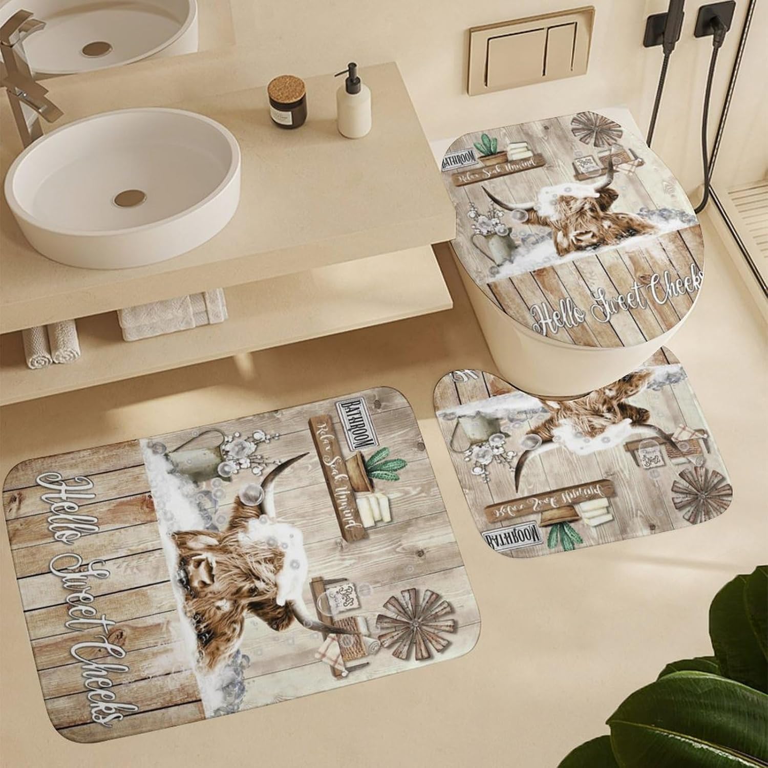 4PCS Rustic Cow Shower Curtain Farmhouse Highland Cow Curtain Set with Non-Slip Bath Mat and Toilet Rug Fabric Waterproof Farm Country Funny Curtains for Bathroom Decor Bathtub Accessories 72''x72''